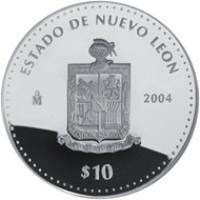Mexico coin 10 Pesos - Nuevo León - Silver Proof Issue (2004) reverse reverse of 10 Pesos - Nuevo León - Silver Proof Issue (2004) coin with KM# 741 from Mexico. Inscription: ESTADO DE NUEVO LEON Mo 2004 $10