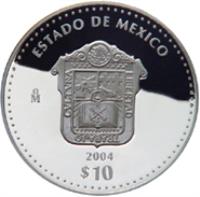 Mexico coin 10 Pesos - México - Silver Proof Issue (2004) reverse reverse of 10 Pesos - México - Silver Proof Issue (2004) coin with KM# 747 from Mexico. Inscription: ESTADO DE MEXICO Mo 2004 $10