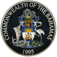 obverse of 2 Dollars - Elizabeth II - Bahama Parrot (1995) coin with KM# 165 from Bahamas. Inscription: COMMONWEALTH OF THE BAHAMAS FORWARD UPWARD ONWARD TOGETHER 1995