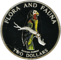 reverse of 2 Dollars - Elizabeth II - Bahama Parrot (1995) coin with KM# 165 from Bahamas. Inscription: FLORA AND FAUNA BAHAMA PARROT TWO DOLLARS