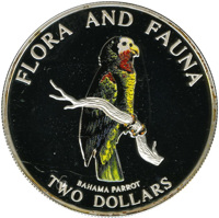 Bahamas coin 2 Dollars - Elizabeth II - Bahama Parrot (1995) reverse reverse of 2 Dollars - Elizabeth II - Bahama Parrot (1995) coin with KM# 165 from Bahamas. Inscription: FLORA AND FAUNA BAHAMA PARROT TWO DOLLARS
