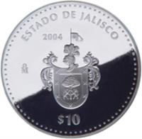 Mexico coin 10 Pesos - Jalisco - Silver Proof Issue (2004) reverse reverse of 10 Pesos - Jalisco - Silver Proof Issue (2004) coin with KM# 749 from Mexico. Inscription: ESTADO DE JALISCO 2004 Mo $10