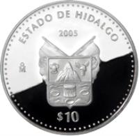 Mexico coin 10 Pesos - Hidalgo - Silver Proof Issue (2005) reverse reverse of 10 Pesos - Hidalgo - Silver Proof Issue (2005) coin with KM# 711 from Mexico. Inscription: ESTADO DE HIDALGO 2005 Mo $10