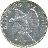 obverse of 20 Centavos (1895) coin with KM# 151.1 from Chile. Inscription: REPUBLICA DE CHILE O.Roty