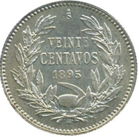 reverse of 20 Centavos (1895) coin with KM# 151.1 from Chile. Inscription: So VEINTE CENTAVOS 1895