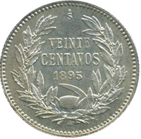 Chile coin 20 Centavos (1895) reverse reverse of 20 Centavos (1895) coin with KM# 151.1 from Chile. Inscription: So VEINTE CENTAVOS 1895