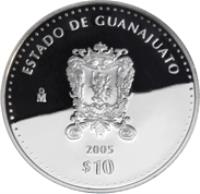Mexico coin 10 Pesos - Guanajuato - Silver Proof Issue (2005) reverse reverse of 10 Pesos - Guanajuato - Silver Proof Issue (2005) coin with KM# 709 from Mexico. Inscription: ESTADO DE GUANAJUATO Mo 2005 $10