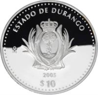 Mexico coin 10 Pesos - Durango - Silver Proof Issue (2005) reverse reverse of 10 Pesos - Durango - Silver Proof Issue (2005) coin with KM# 708 from Mexico. Inscription: ESTADO DE DURANGO Mo 2005 $10