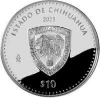 Mexico coin 10 Pesos - Chihuahua - Silver Proof Issue (2005) reverse reverse of 10 Pesos - Chihuahua - Silver Proof Issue (2005) coin with KM# 753 from Mexico. Inscription: ESTADO DE CHIHUAHUA 2005 Mo $10