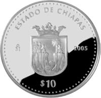 Mexico coin 10 Pesos - Chiapas - Silver Proof Issue (2005) reverse reverse of 10 Pesos - Chiapas - Silver Proof Issue (2005) coin with KM# 706 from Mexico. Inscription: ESTADO DE CHIAPAS Mo 2005 $10