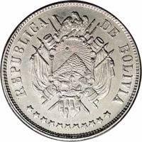 obverse of 20 Centavos (1870 - 1872) coin with KM# 154 from Bolivia. Inscription: REPUBLICA DE BOLIVIA