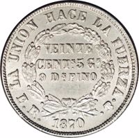reverse of 20 Centavos (1870 - 1872) coin with KM# 154 from Bolivia. Inscription: LA UNION HACE LA FUERZA VEINTE CENTs 9 Ds FINO 1872