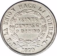 Bolivia coin 20 Centavos (1870 - 1872) reverse reverse of 20 Centavos (1870 - 1872) coin with KM# 154 from Bolivia. Inscription: LA UNION HACE LA FUERZA VEINTE CENTs 9 Ds FINO 1872