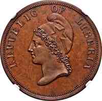 obverse of 2 Cents (1847) coin with KM# Pn2 from Liberia. Inscription: REPUBLIC OF LIBERIA