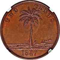 reverse of 2 Cents (1847) coin with KM# Pn2 from Liberia. Inscription: TWO CENTS 1847