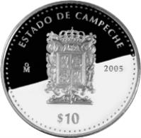 Mexico coin 10 Pesos - Campeche - Silver Proof Issue (2005) reverse reverse of 10 Pesos - Campeche - Silver Proof Issue (2005) coin with KM# 726 from Mexico. Inscription: ESTADO DE CAMPECHE Mo 2005 $10