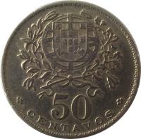 reverse of 50 Centavos (1927 - 1968) coin with KM# 577 from Portugal. Inscription: 50 * CENTAVOS *