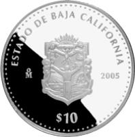 Mexico coin 10 Pesos - Baja California - Silver Proof Issue (2005) reverse reverse of 10 Pesos - Baja California - Silver Proof Issue (2005) coin with KM# 722 from Mexico. Inscription: ESTADO DE BAJA CALIFORNIA Mo 2005 $10