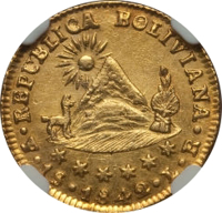 obverse of 1 Scudo (1841 - 1846) coin with KM# 105 from Bolivia. Inscription: REPUBLICA BOLIVIANA 1S 1842