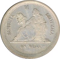 Guatemala coin 1 Real (1879) reverse reverse of 1 Real (1879) coin with KM# 153 from Guatemala. Inscription: REPUBLICA DE GUATEMALA 30 DE JUNIO DE 1871 1 REAL