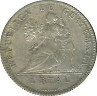 Guatemala coin 1 Real (1899) reverse reverse of 1 Real (1899) coin with KM# 172 from Guatemala. Inscription: REPUBLICA DE GUATEMALA 30 DE JUNIO DE 1871 1 REAL LAGRANGE
