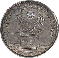 obverse of 2 Reales (1837) coin with KM# 1 from Guatemala. Inscription: JUICIO POR JURADOS. GUAT. 1837.