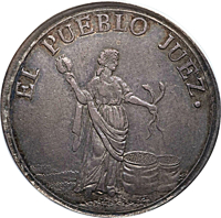reverse of 2 Reales (1837) coin with KM# 1 from Guatemala. Inscription: EL PUEBLO JUEZ.