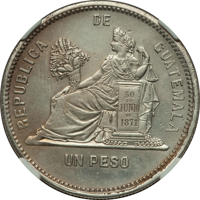 Guatemala coin 1 Peso (1879 - 1889) reverse reverse of 1 Peso (1879 - 1889) coin with KM# 207 from Guatemala. Inscription: REPUBLICA DE GUATEMALA 30 DE JUNIO DE 1871 UN PESO