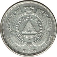 Honduras coin 1 Peso (1881 - 1883) obverse obverse of 1 Peso (1881 - 1883) coin with KM# 47 from Honduras. Inscription: REPUBLICA DE HONDURAS 0.900 UN PESO 1882