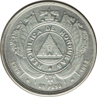 obverse of 1 Peso (1881 - 1883) coin with KM# 47 from Honduras. Inscription: REPUBLICA DE HONDURAS 0.900 UN PESO 1882