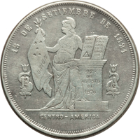 reverse of 1 Peso (1881 - 1883) coin with KM# 47 from Honduras. Inscription: 15 DE SETIEMBRE DE 1821 UNION CONSTITUCIÓN PAZ PROGRESO I LIBERTAD 27 DE AGOSTO DE 1876 P A CENTRO-AMERICA