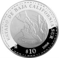 Mexico coin 10 Pesos - Baja California Sur - Silver Proof Issue (2006) reverse reverse of 10 Pesos - Baja California Sur - Silver Proof Issue (2006) coin with KM# 761 from Mexico. Inscription: BAJA CALIFORNIA SUR Mo 2006 $10