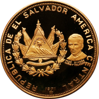 obverse of 200 Colones - 150th Anniversary of Independence (1971) coin with KM# 146 from El Salvador. Inscription: REPUBLICA DE EL SALVADOR AMERICA CENTRAL JOSÉ SIMEÓN CAÑAS Y VILLACORTA 1971 *