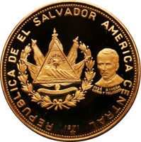 El Salvador coin 200 Colones - 150th Anniversary of Independence (1971) obverse obverse of 200 Colones - 150th Anniversary of Independence (1971) coin with KM# 146 from El Salvador. Inscription: REPUBLICA DE EL SALVADOR AMERICA CENTRAL JOSÉ SIMEÓN CAÑAS Y VILLACORTA 1971 *