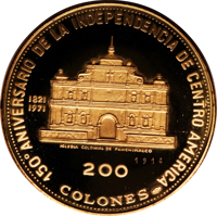El Salvador coin 200 Colones - 150th Anniversary of Independence (1971) reverse reverse of 200 Colones - 150th Anniversary of Independence (1971) coin with KM# 146 from El Salvador. Inscription: 150° ANIVERSARIO DE LA INDEPENDENCIA DE CENTRO AMERICA 900 1821 1971 IGLESIA COLONIAL DE PANCHIMALCO 200 COLONES