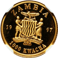 obverse of 1000 Kwacha - Death of Princess Diana (1997) coin from Zambia. Inscription: ZAMBIA 19 97 1000 KWACHA