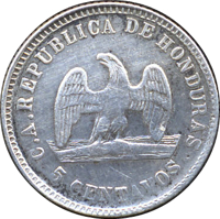 obverse of 5 Centavos (1879) coin with KM# 43 from Honduras. Inscription: C.A. REPUBLICA DE HONDURAS 5 CENTAVOS