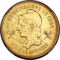 reverse of 10 Pesos (1883 - 1889) coin with KM# 58 from Honduras. Inscription: 15 DE SETIEMBRE DE 1821 CENTRO AMERICA