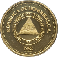obverse of 500 Lempiras - Francisco Morazan Birth Bicentennial (1992) coin with KM# 87 from Honduras. Inscription: REPUBLICA DE HONDURAS, C.A. PROVINCIAS UNIDAS DEL CENTRO DE AMERICA 1992
