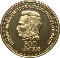 reverse of 500 Lempiras - Francisco Morazan Birth Bicentennial (1992) coin with KM# 87 from Honduras. Inscription: BECENTENARIO NACIMIENTO DEL GENERAL FRANCISCO MORAZAN 500 LEMPIRAS