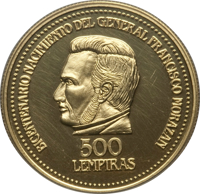 Honduras coin 500 Lempiras - Francisco Morazan Birth Bicentennial (1992) reverse reverse of 500 Lempiras - Francisco Morazan Birth Bicentennial (1992) coin with KM# 87 from Honduras. Inscription: BECENTENARIO NACIMIENTO DEL GENERAL FRANCISCO MORAZAN 500 LEMPIRAS