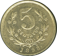 reverse of 5 Centavos (1898) coin with KM# 8 from Nicaragua. Inscription: 5 CENTAVOS 1898