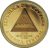 obverse of 500 Córdobas - 450th Anniversary f the City of Granada (1975) coin with KM# 38 from Nicaragua. Inscription: REPUBLICA DE NICARAGUA 1975 4.86 GR. ORO FINO LEY 900 •AMERICA CENTRAL•