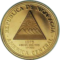 Nicaragua coin 500 Córdobas - 450th Anniversary f the City of Granada (1975) obverse obverse of 500 Córdobas - 450th Anniversary f the City of Granada (1975) coin with KM# 38 from Nicaragua. Inscription: REPUBLICA DE NICARAGUA 1975 4.86 GR. ORO FINO LEY 900 •AMERICA CENTRAL•