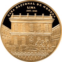 obverse of 1 Nuevo Sol - 450 years Casa Nacional de Moneda (2015) coin with KM# 392 from Peru. Inscription: CASA NACIONAL DE MONEDA LIMA 1565-2015 450 AÑOS