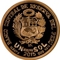 Peru coin 1 Nuevo Sol - 450 years Casa Nacional de Moneda (2015) reverse reverse of 1 Nuevo Sol - 450 years Casa Nacional de Moneda (2015) coin with KM# 392 from Peru. Inscription: BANCO CENTRAL DE RESERVA DEL PÉRU UN NUEVO SOL 16.967 g ORO 0.916 2015