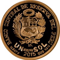 reverse of 1 Nuevo Sol - 450 years Casa Nacional de Moneda (2015) coin with KM# 392 from Peru. Inscription: BANCO CENTRAL DE RESERVA DEL PÉRU UN NUEVO SOL 16.967 g ORO 0.916 2015