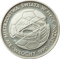 Poland coin 500 Złotych - FIFA World Cup 1990 - Italy (1988) reverse reverse of 500 Złotych - FIFA World Cup 1990 - Italy (1988) coin with Y# 184 from Poland. Inscription: XIV MISTRZOSTWA ŠWIATA W PIŁCE NOZNEJ · WŁOCHY 1990 · E