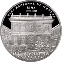 obverse of 1 Nuevo Sol - 450 years Casa Nacional de Moneda (2015) coin with KM# 391 from Peru. Inscription: CASA NACIONAL DE MONEDA LIMA 1565-2015 450 AÑOS