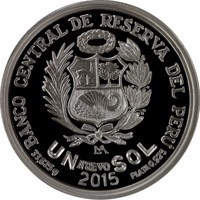 reverse of 1 Nuevo Sol - 450 years Casa Nacional de Moneda (2015) coin with KM# 391 from Peru. Inscription: BANCO CENTRAL DE RESERVA DEL PÉRU UN NUEVO SOL 33.625 g PLATA 0.925 2015